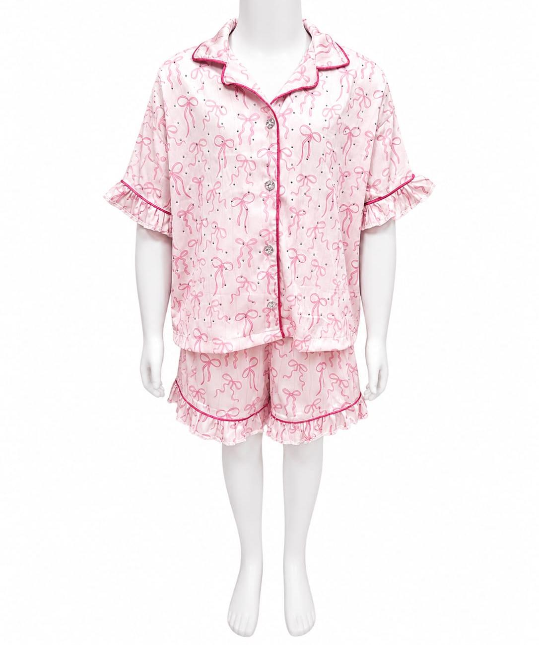 Embellished bows satin girls pajamas