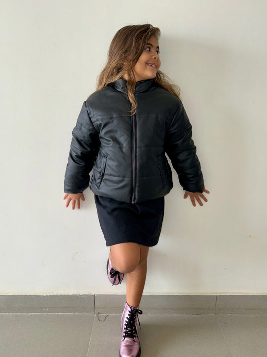 Black leather puffer jacket