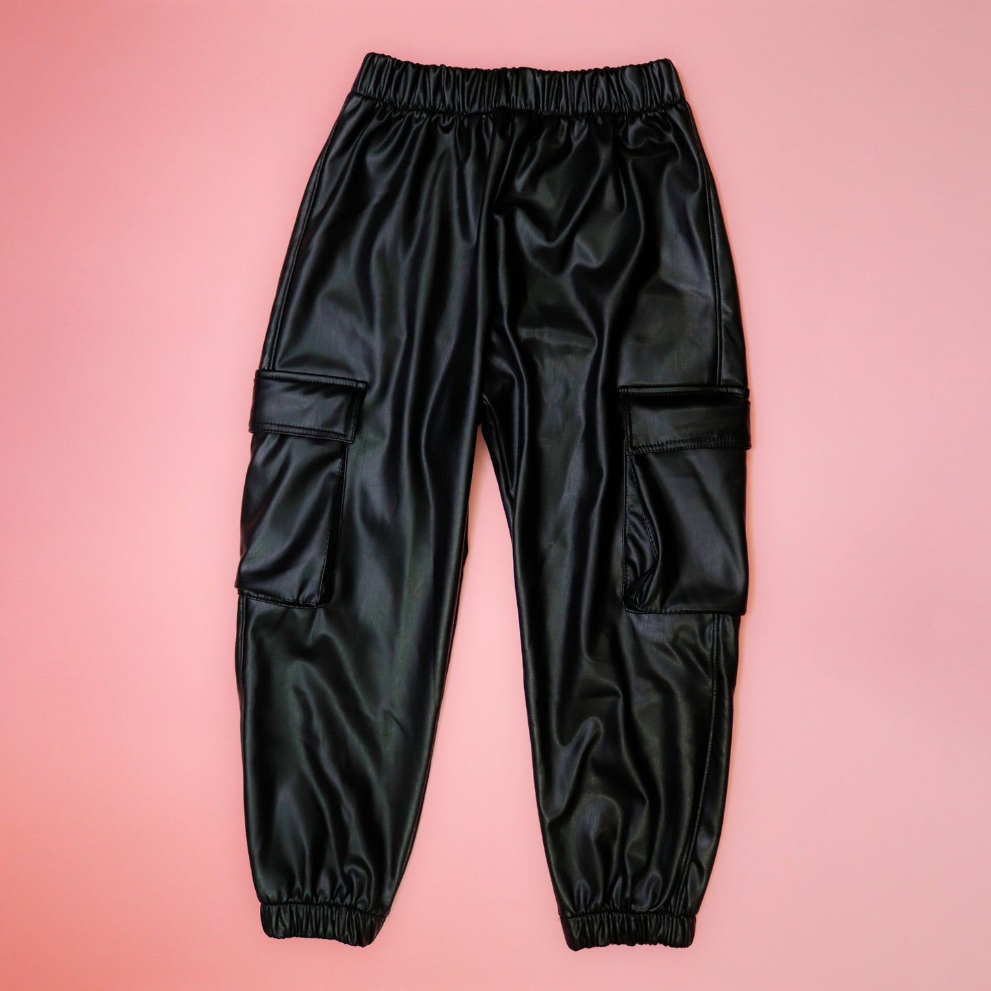 Black leather cargo sweatpants