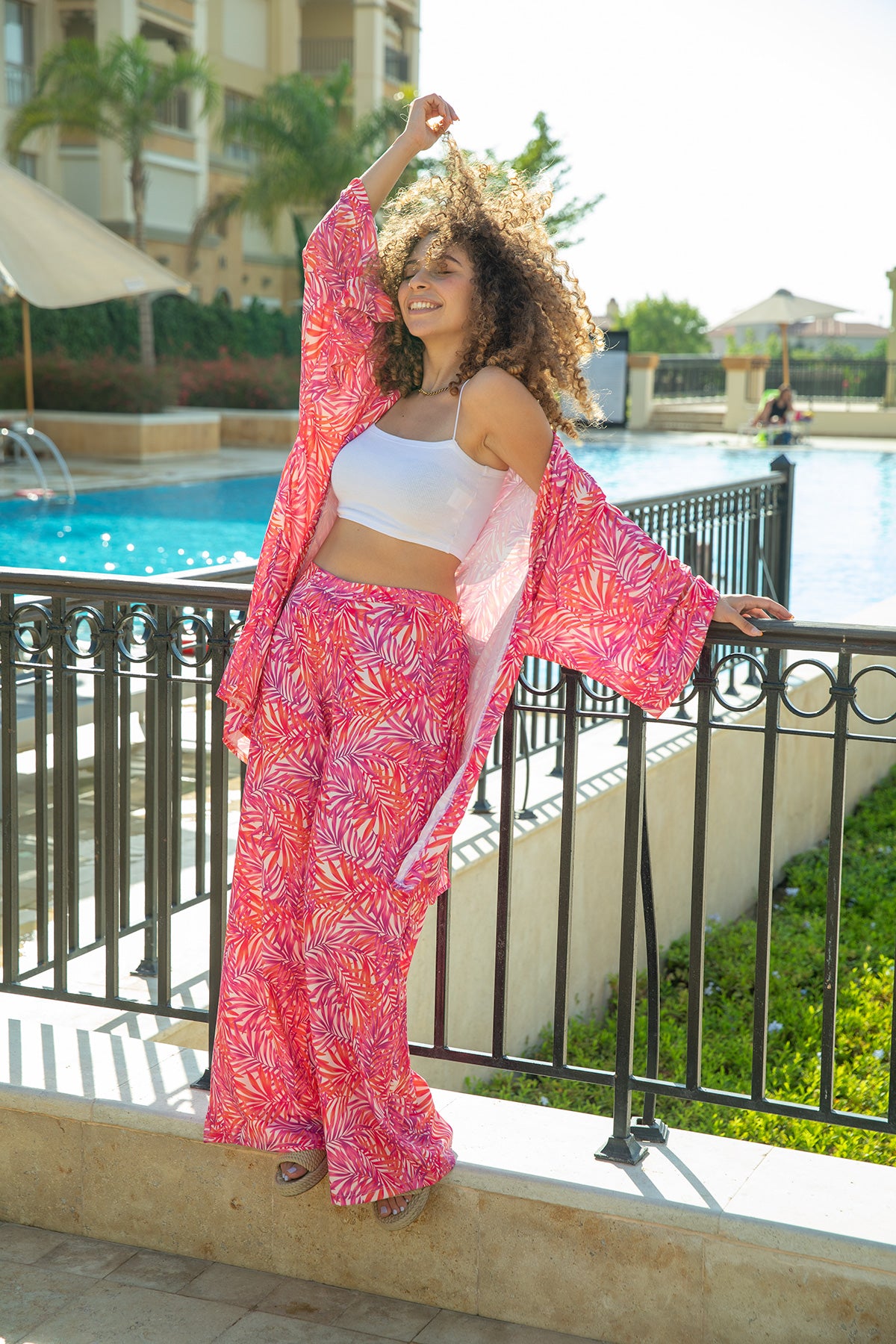 Pink tropical kimono- pants set