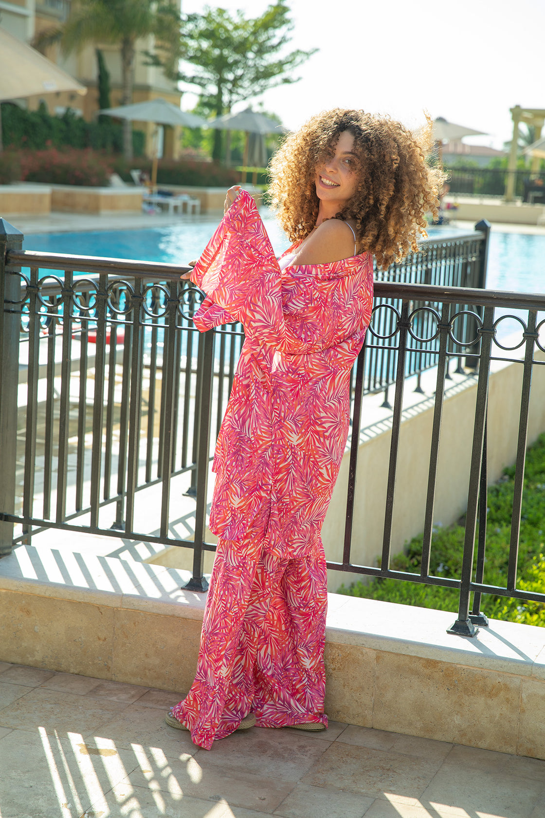 Pink tropical kimono- pants set