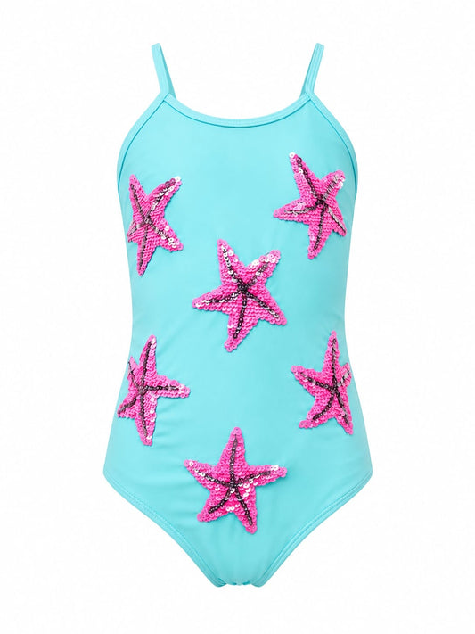 Neon pink starfish Sequined girls swimsuit