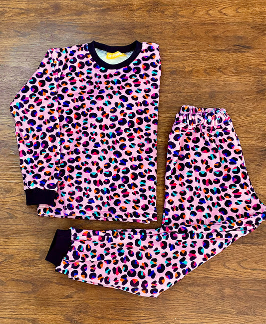 Pink multi-colored leopard fleece pyjamas