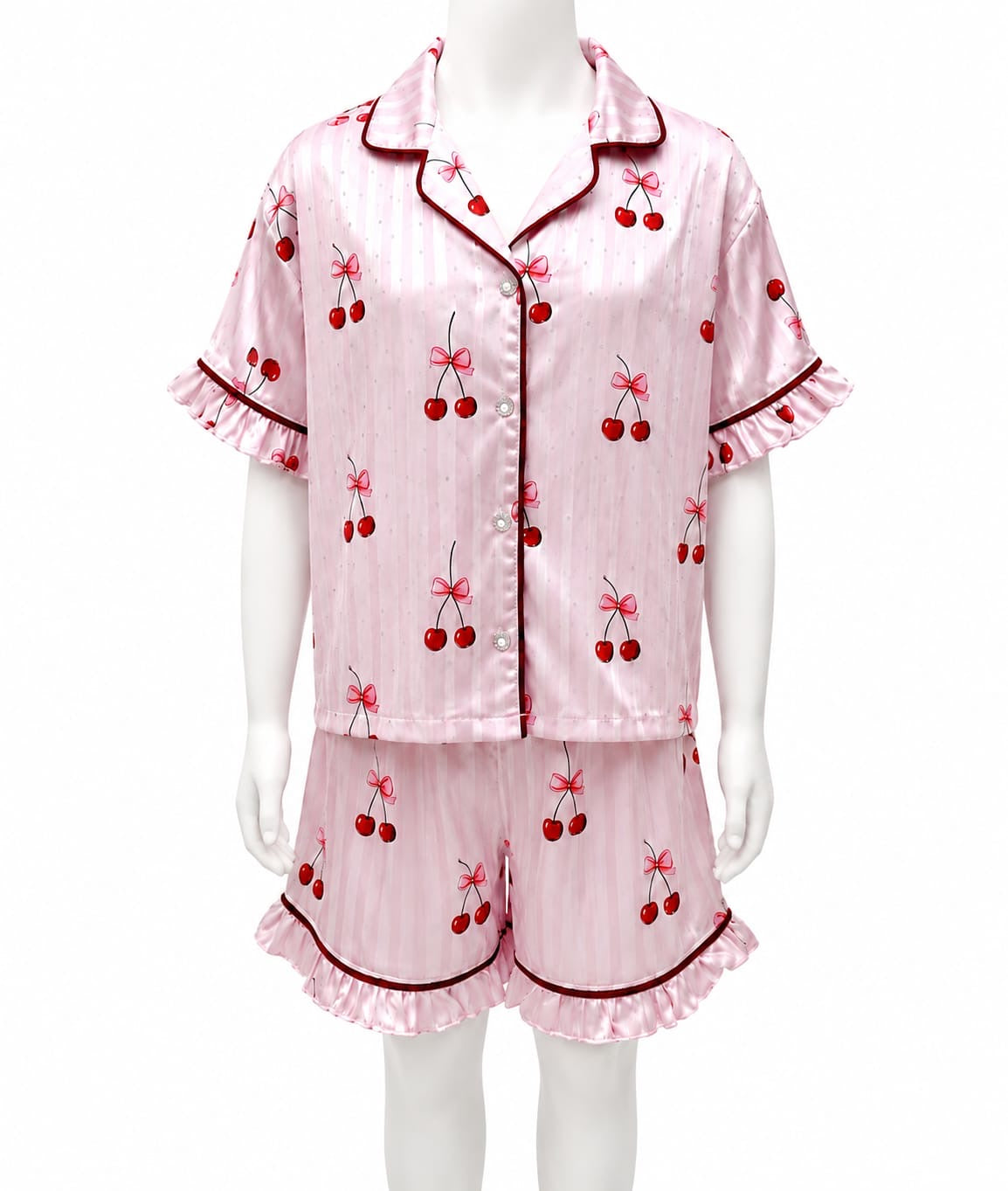 Cherries girls embellished satin pajamas