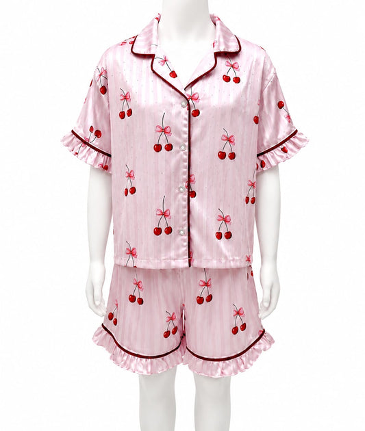 Cherries girls embellished satin pajamas