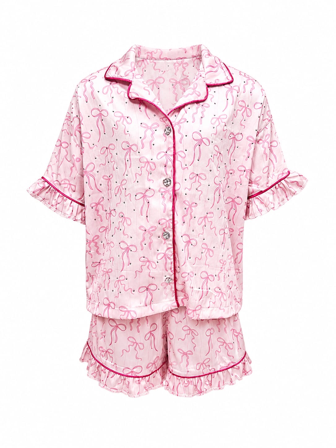 Embellished bows satin girls pajamas
