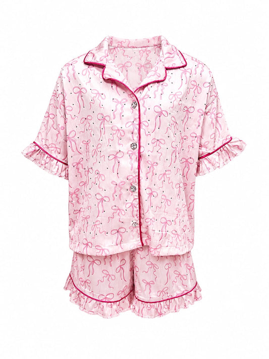 Embellished bows satin girls pajamas