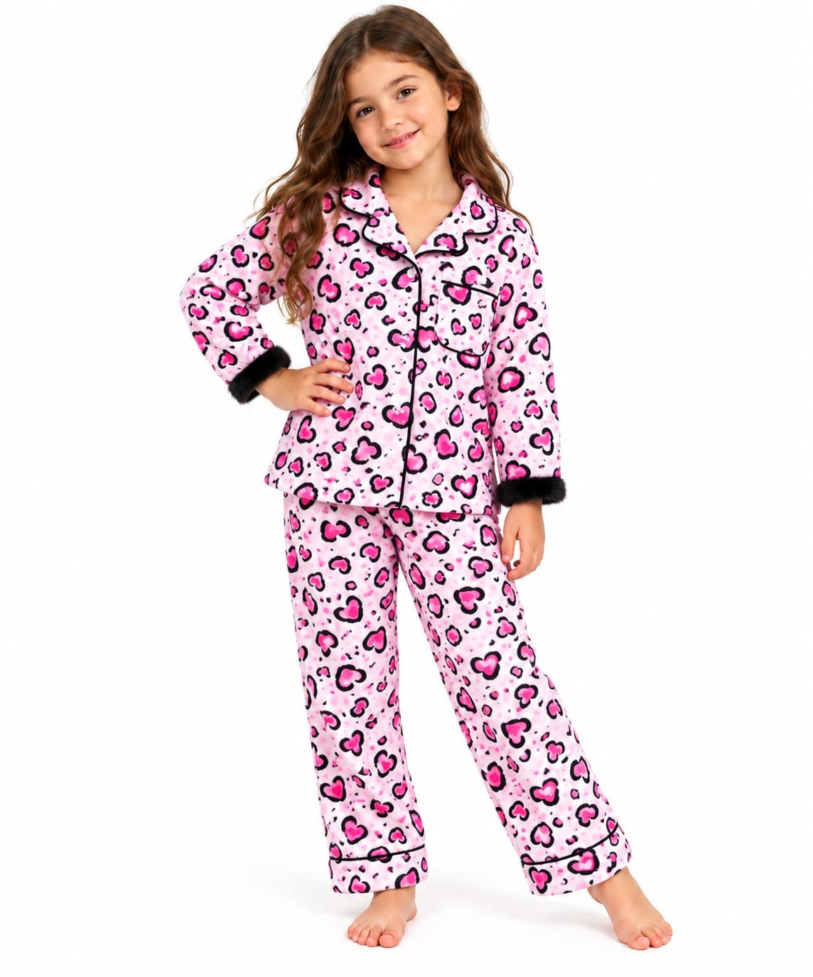Fur heart leopard fleece pajamas