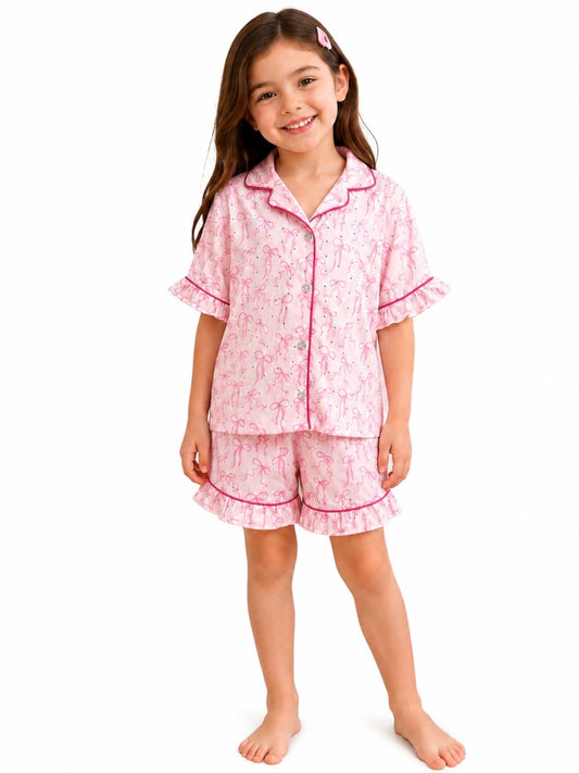 Embellished bows satin girls pajamas