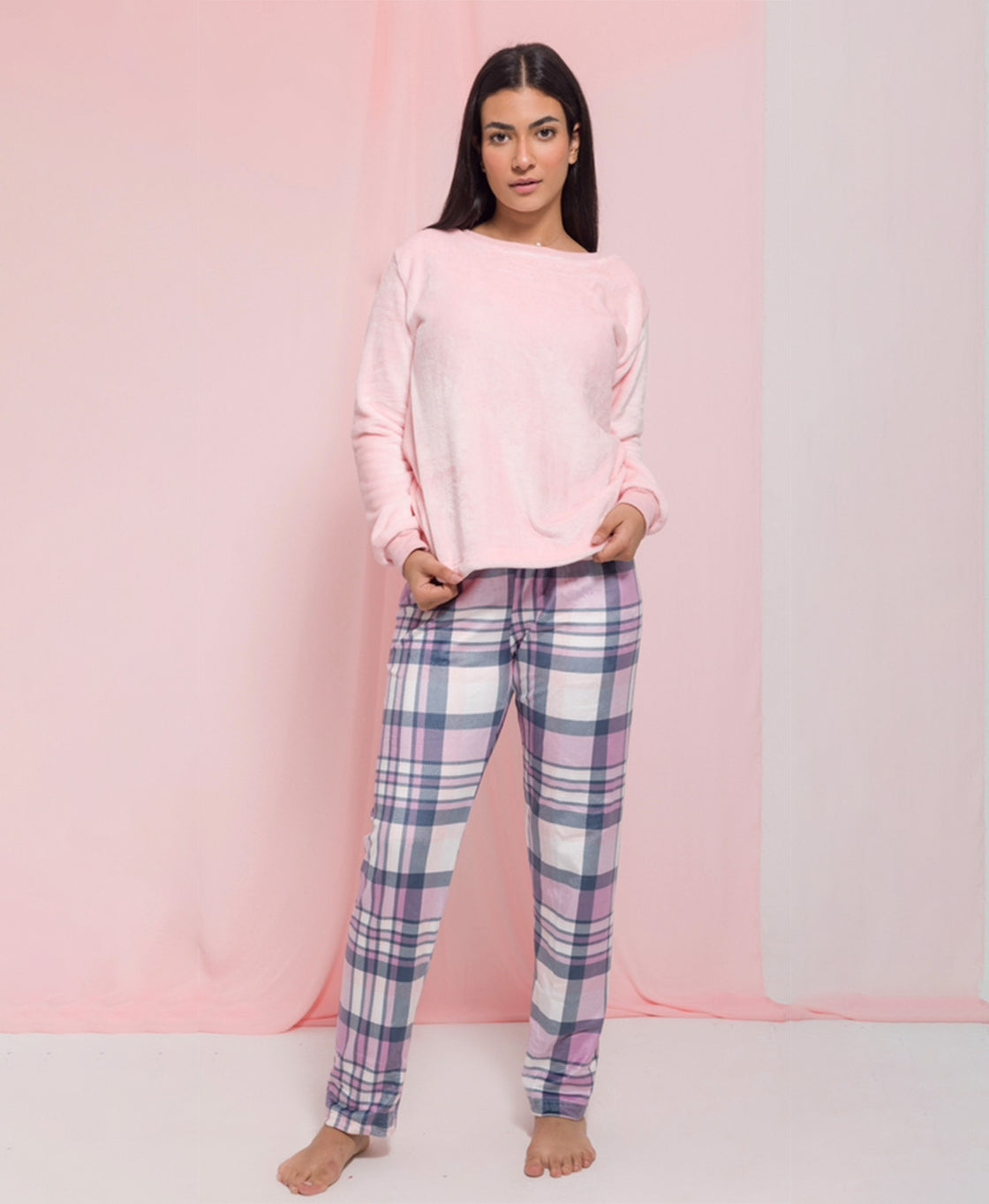 Coral/Pink Plaid Fleece Women Pajamas