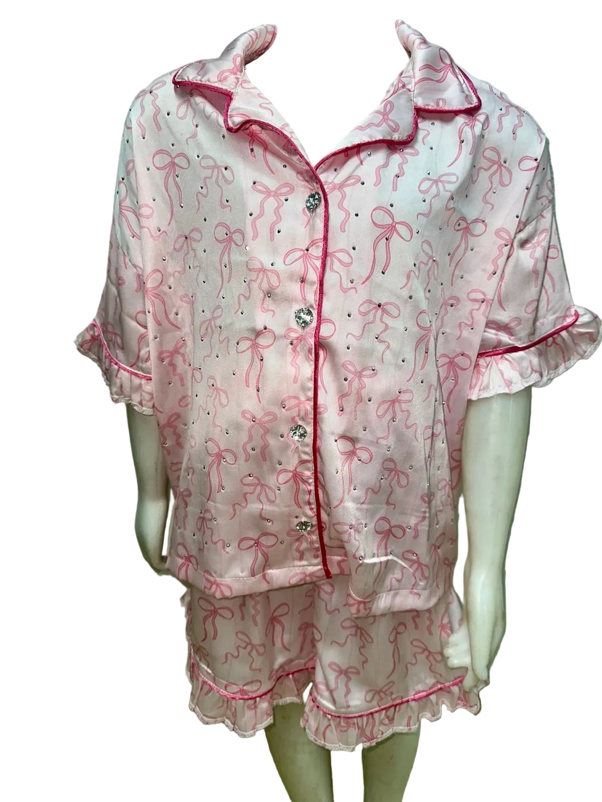 Embellished bows satin girls pajamas