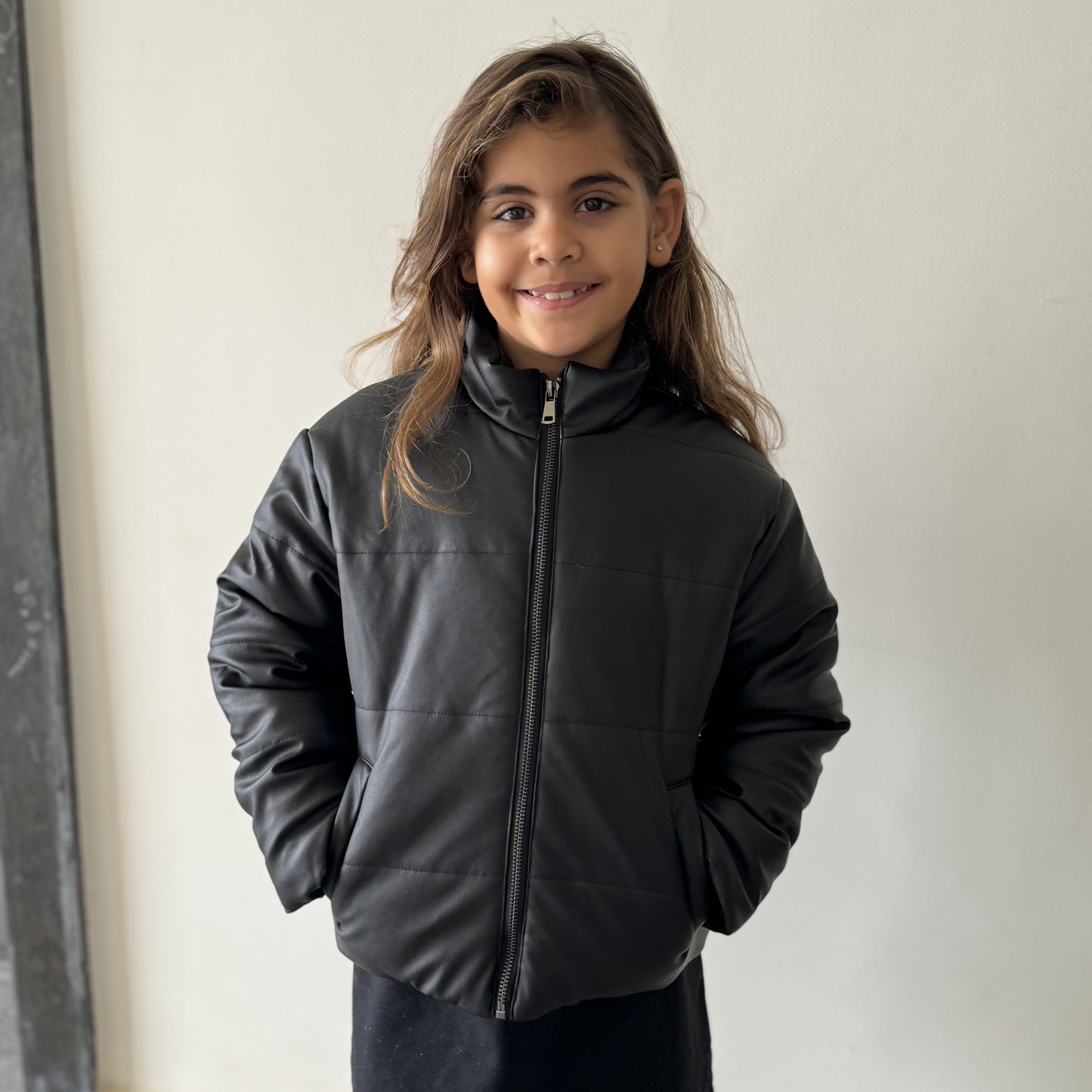 Black leather puffer jacket