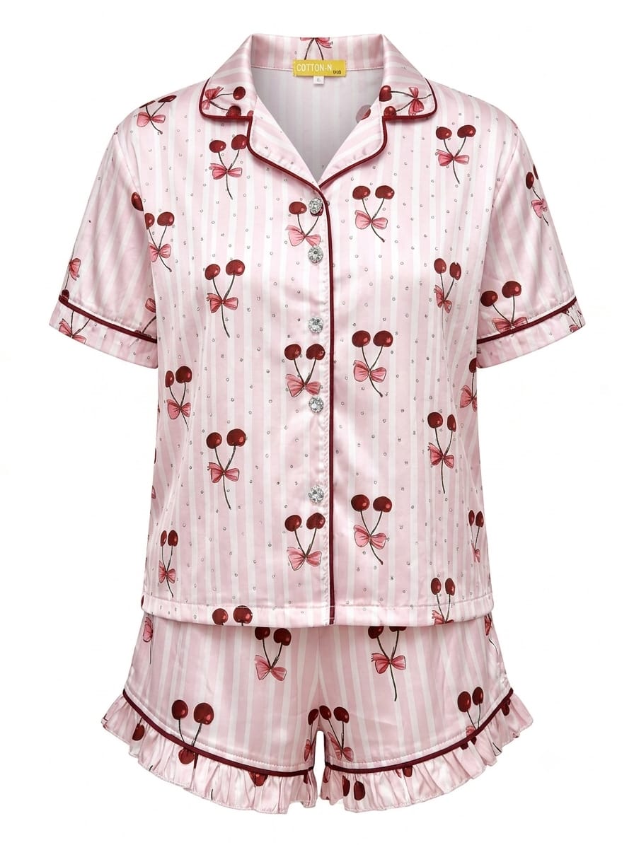 Cherries girls embellished satin pajamas