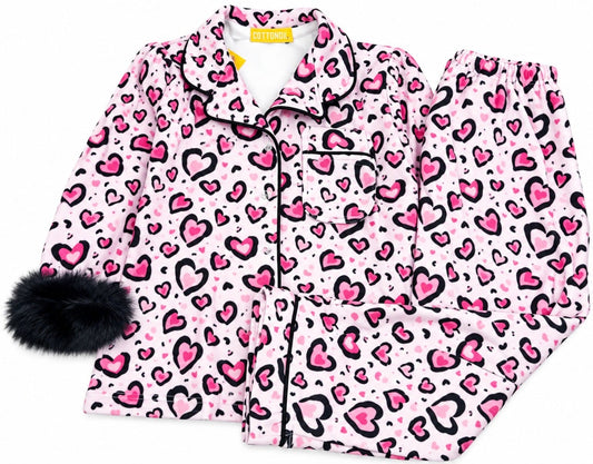 Fur heart leopard fleece pajamas