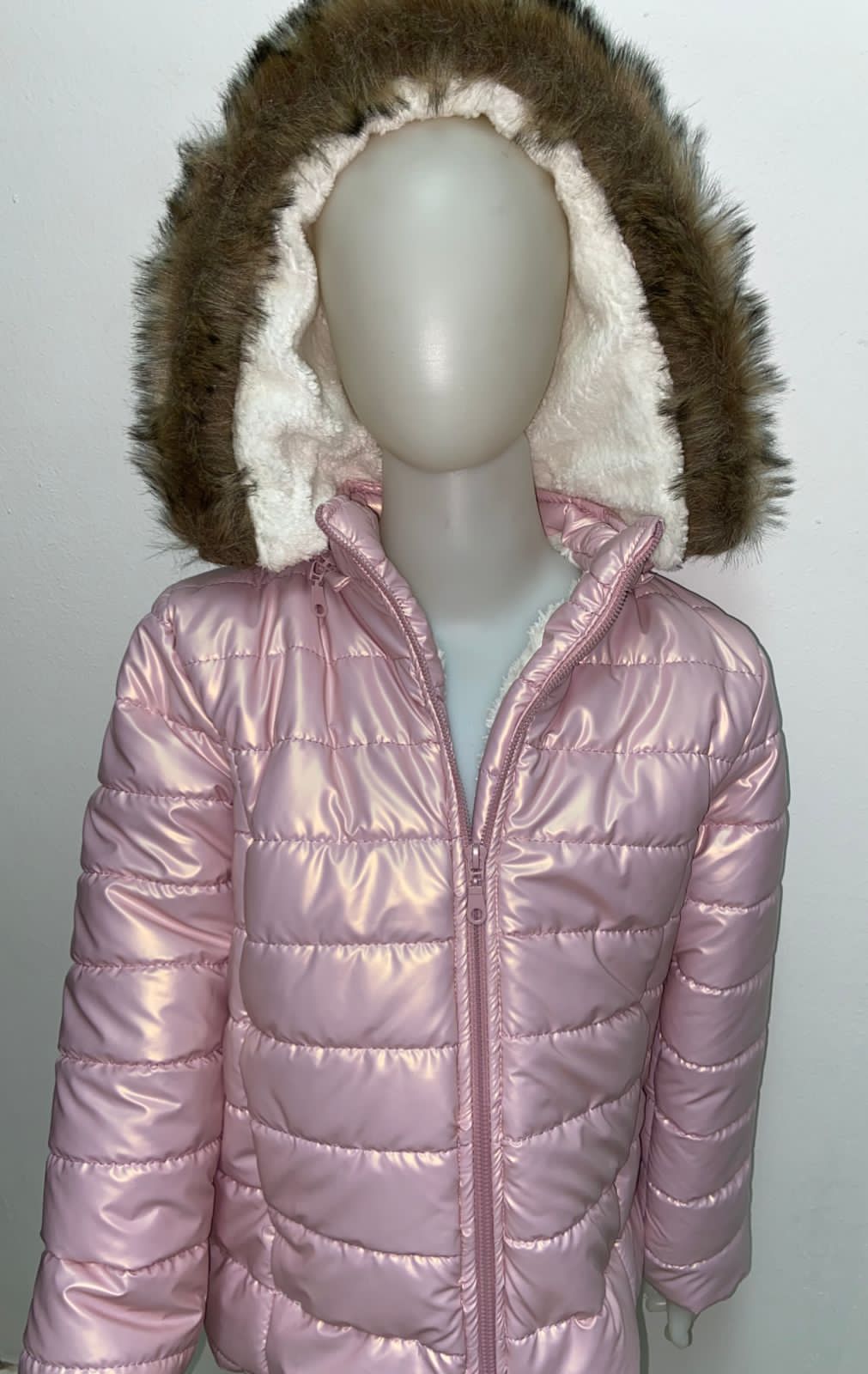 Rose Metallic Puffer Jacket With Brown Fur